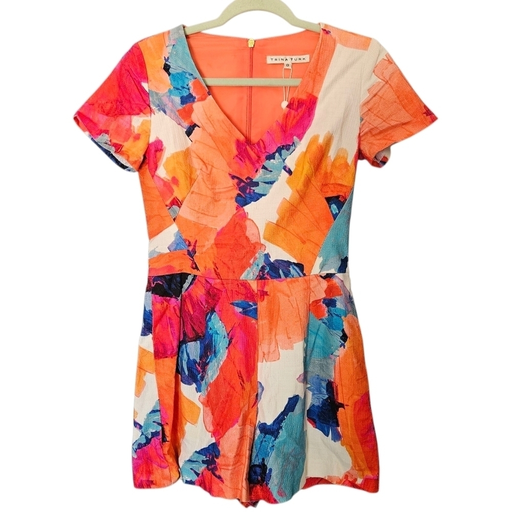 Women's Trina Turk Florencia Floral Romper NWT FLAW 0 Shorts Short Sleeve V-Neck
